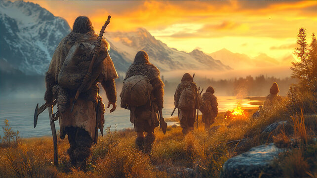 Group of neanderthal people walking by river , 