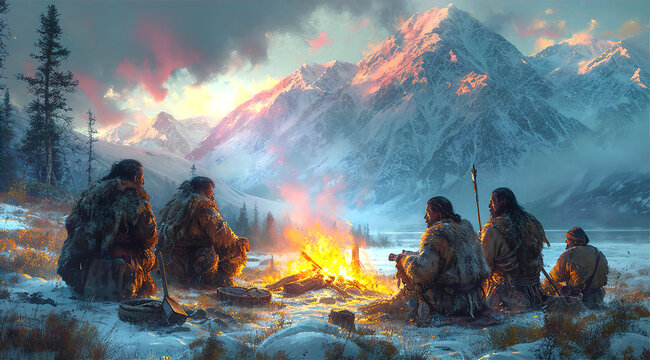 Group of neanderthal people sitting around fire