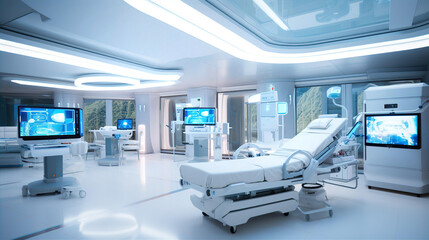 Interior of modern hospital operation room with medical equipment and monitoring screens - 748300611