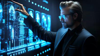 Fototapeta premium Professional man looking on digital screen with light indicators, monitoring progress, checking data, reading reports