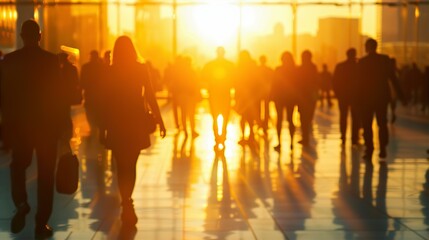 Group of people walking against of sunset in modern office building glass lobby