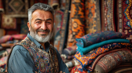 Iranian carpet shop owner portrait with lots of carpets in piles at the background, friendly smiling and inviting to come inside - obrazy, fototapety, plakaty