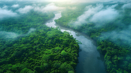 Rain forest and rivers full of water top view, as drone camera photo 