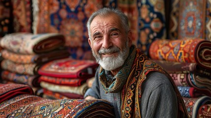 Iranian carpet shop owner portrait with lots of carpets in piles at the background, friendly smiling and inviting to come inside - obrazy, fototapety, plakaty