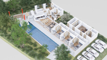Minimalist house with modern style, made of white reinforced concrete, spaces, integrated dining room and kitchen, grill, spectacular pool with sun beds, terrace, minimalist bedrooms