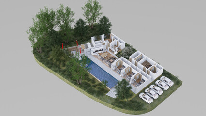 Minimalist house with modern style, made of white reinforced concrete, spaces, integrated dining room and kitchen, grill, spectacular pool with sun beds, terrace, minimalist bedrooms