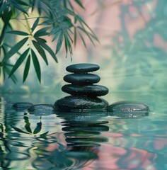 a photo of several black stones sitting on top of reflections of the water