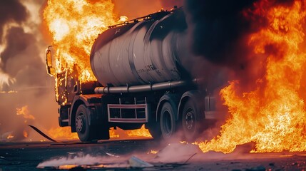Burning tanker on the road. Threat of environmental disaster. Flames dance amidst the wreckage, as a tanker truck disaster unfolds.