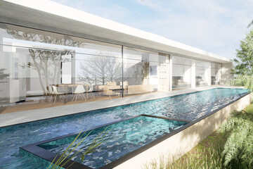 Minimalist house with modern style, made of white reinforced concrete, spaces, integrated dining room and kitchen, grill, spectacular pool with sun beds, terrace, minimalist bedrooms
