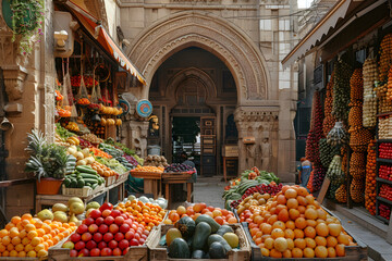 A bustling marketplace with vendors selling fresh fruits in front of ancient architecture.