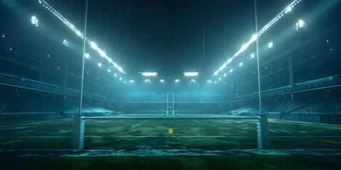 Football stadium with goal seats and lights at night scene background  