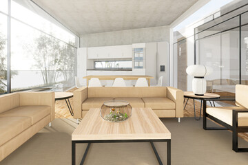Minimalist house with modern style, made of white reinforced concrete, spaces, integrated dining room and kitchen, grill, spectacular pool with sun beds, terrace, minimalist bedrooms