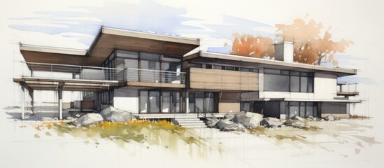 Fototapeta premium This drawing depicts a house with a significant number of windows, allowing for ample natural light to enter. The architectural design showcases a variety of window shapes and sizes,