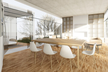 Minimalist house with modern style, made of white reinforced concrete, spaces, integrated dining room and kitchen, grill, spectacular pool with sun beds, terrace, minimalist bedrooms