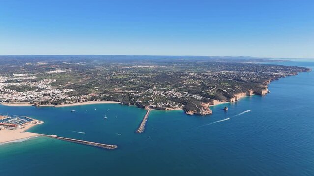 Aerial panoramic view of the Algarve littoral in the south of Portugal