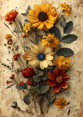 Postcard with real flat-dried exotic flowers