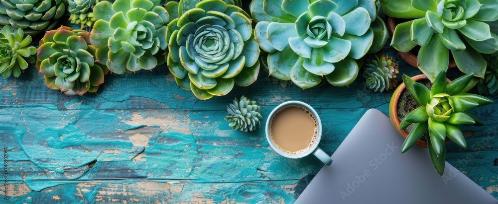 Canvas Prints a notebook, coffee and a laptop on a blue table