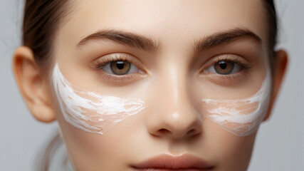 Gorgeous young woman with skin care moisturizing mask on her face, for dewy complexion, removing excess oils from skin, improving the appearance and hydrating skin.