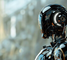 Fototapeta premium Portrait of a futuristic robot, a black machine, a man in a robotic costume with artificial intelligence rules with his knowledge and has power.