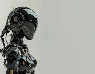 Portrait of a futuristic robot, a black machine, a man in a robotic costume with artificial intelligence rules with his knowledge and has power.
