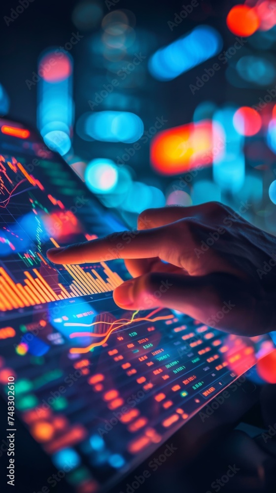 Poster a person is using a tablet with a stock market graph. generative ai.