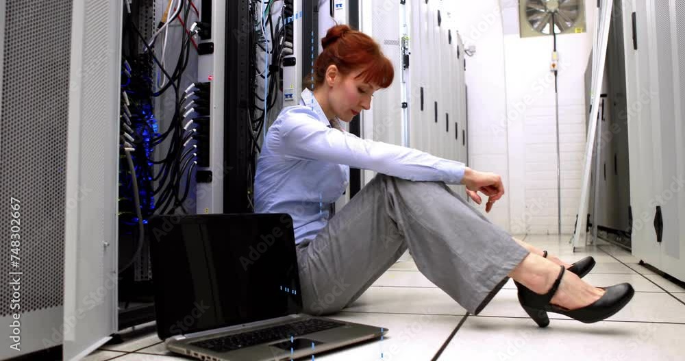 Poster animation of digital data processing over caucasian female it engineer by computer servers
