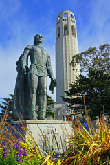 Perspective view of the statue of Christopher Columbus and Coit Tower. North Beach, on Telegraph...