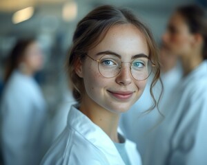 A young woman in a lab coat and glasses. Generative AI.