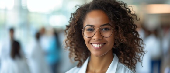 A woman in a lab coat smiling. Generative AI.