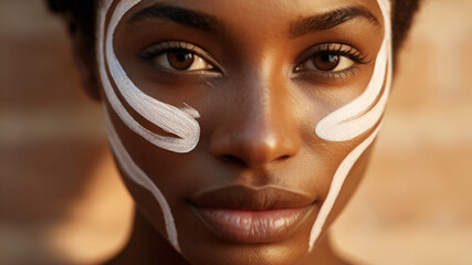 Gorgeous young woman with skin care moisturizing mask on her face, for dewy complexion, removing excess oils from skin, improving the appearance and hydrating skin.	
