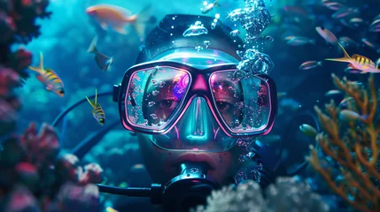 Fotobehang Holographic diving mask and snorkel icons in an underwater scene, representing diving and snorkeling adventures. © Ibraheem