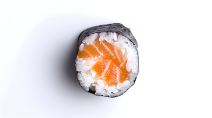 top down view of isolated piece of salmon sushi maki on neat white background