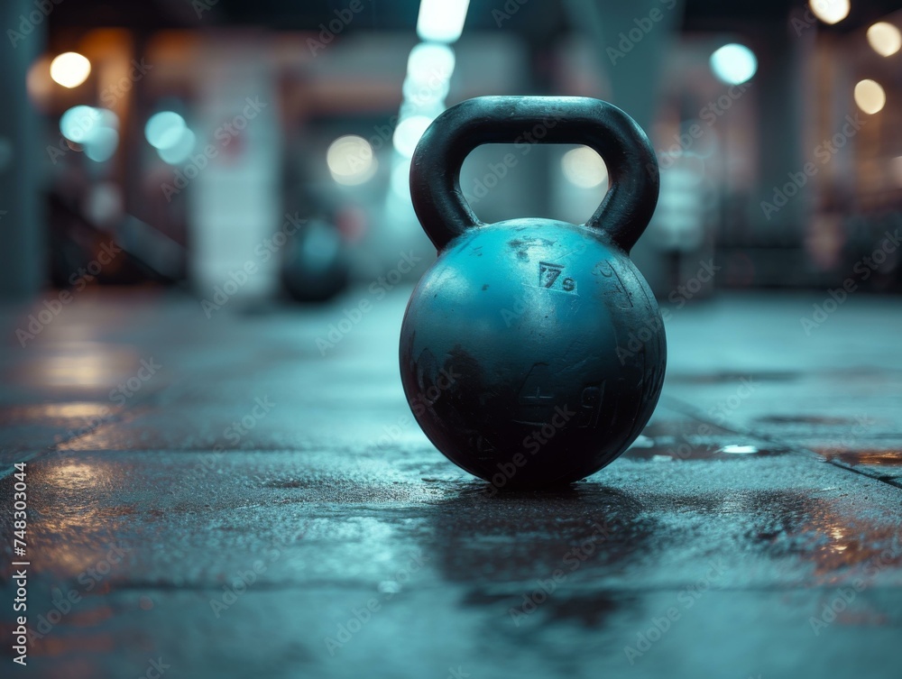 Sticker A kettlebell on the floor in a gym. Generative AI.