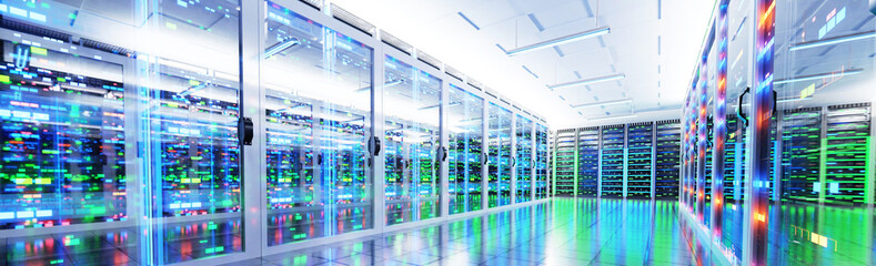 Modern server room, corridor in data centre with Supercomputers racks, neon lights and conditioners. . 3D rendering illustration