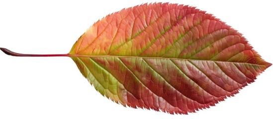 A single cherry tree leaf, featuring shades of vibrant red and green, stands out against a clean white background. The leaf is prominently displayed with its unique colors and detailed veins.