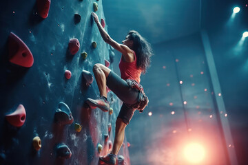 Athletic woman climbing indoors, view from the back. Olympic sport - obrazy, fototapety, plakaty