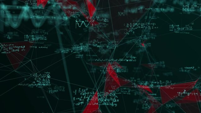 Abstract video of a space of particles consisting of various kinds of formulas, handwritten notes and words associated with creative thinking, a digital halographic image of the human brain