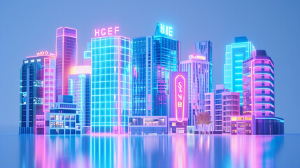 Holographic hotel building icons in a city skyline, representing travel accommodation and city stays.