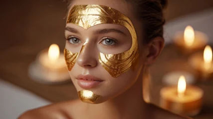 Fotobehang Gorgeous young woman with skin care golden mask on her face, the precious metal strengthens elastin, fights free radicals and stimulates blood flow for a firm, even, and radiant complexion. © triocean