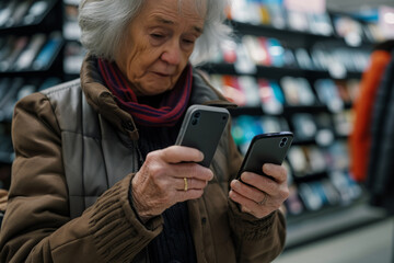 Elderly woman has problem to choose what new phone to buy. Senior lady stands in tech store and looks sadly at two phones in her hands. Difficulties and challenges for seniors with new phone tech