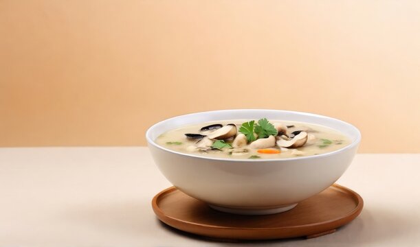 Asian mushroom soup, vegetarian, for a healthy diet. On a beige light background