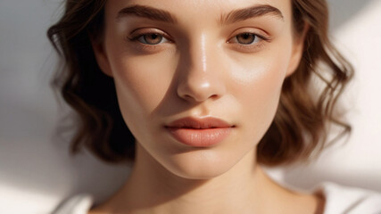 Fototapeta premium Portrait of young natural beautiful woman with healthy glowy skin 