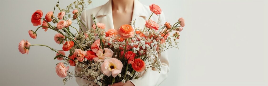a beautiful lady dressed in white suite with handful of flowers in bouquet