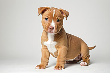 Studio portrait of adorable red nose pitbull puppy sitting and looking at the camera isolated on white background