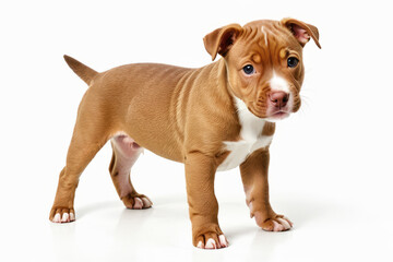 Portrait of adorable red nose pitbull puppy standing isolated on white background, looking at the camera