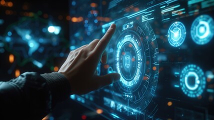 Close-up of a human hand touching a futuristic holographic interface with glowing blue and white digital graphics, symbolizing advanced technology and modern user experience