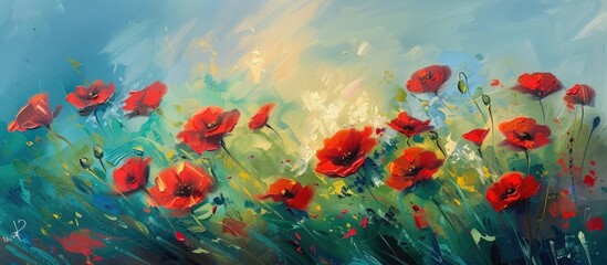 Fototapeta na wymiar A painting featuring vivid red poppy flowers against a soothing blue background, portraying a sense of contrast and vibrancy. The flowers are the focal point, standing out beautifully against the
