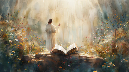 Watercolor illustration of holy bible being illuminated on Easter day, miracle, beautiful