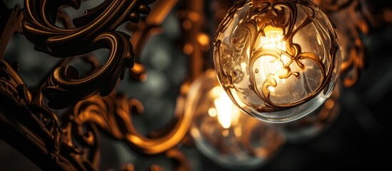 A close-up view of a chandelier featuring a single light bulb shining brightly, revealing intricate details of the fixtures design and structure.