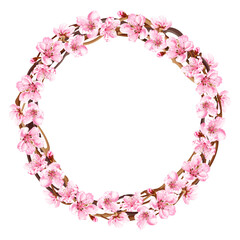 Spring wreath with peach blossom. Frame for invitation, banner, greeting card. Stock vector illustration on a white background.